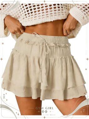 Women's A-Line Mini Skirt with Shorts High Waisted Flowy Ruffle Hem Pleated